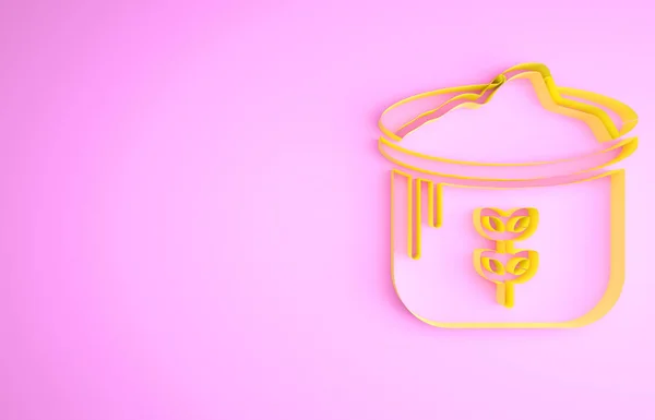 Żółty worek ikony mąki izolowany na różowym tle. Koncepcja minimalizmu. Ilustracja 3D 3D renderowania — Zdjęcie stockowe