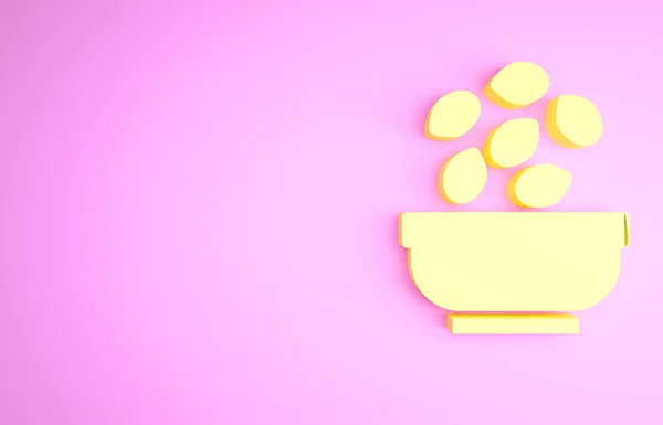 ピンクの背景に隔離されたボウルアイコンの黄色の種子。最小限の概念。3Dイラスト3Dレンダリング — ストック写真