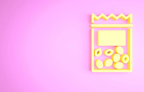 Sárga csomag tele magokkal egy adott növény ikon izolált rózsaszín alapon. Minimalizmus koncepció. 3d illusztráció 3D render — Stock Fotó