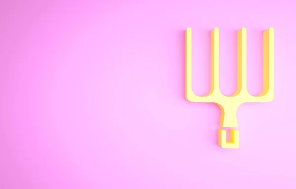 Icona gialla con forcone da giardino isolata su sfondo rosa. Segnale del bivio del giardino. Attrezzo per orticoltura, agricoltura, agricoltura. Concetto minimalista. Illustrazione 3d rendering 3D — Foto Stock