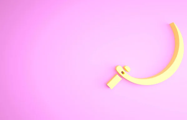 Icono de hoz amarilla aislado sobre fondo rosa. Cosechando letrero de gancho. Concepto minimalista. 3D ilustración 3D render — Foto de Stock