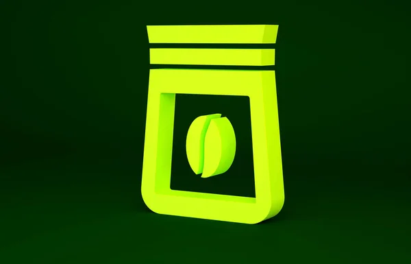 Bolsa amarilla de granos de café icono aislado sobre fondo verde. Concepto minimalista. 3D ilustración 3D render — Foto de Stock