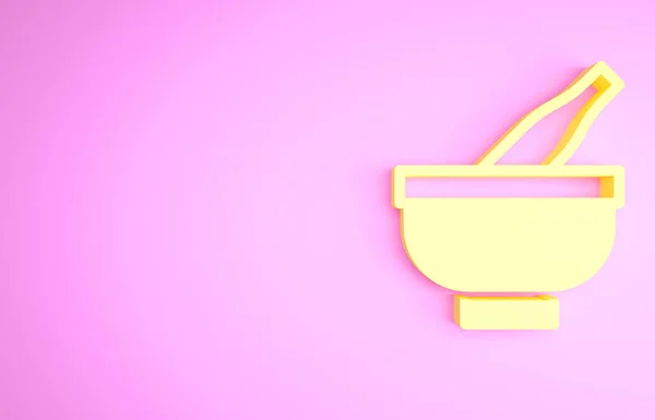 Amarelo Argamassa e pilão ícone isolado no fundo rosa. Conceito de minimalismo. 3D ilustração 3D render — Fotografia de Stock