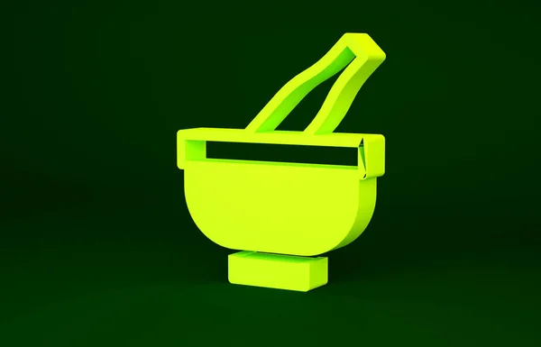 Argamassa amarela e ícone pilão isolado no fundo verde. Conceito de minimalismo. 3D ilustração 3D render — Fotografia de Stock