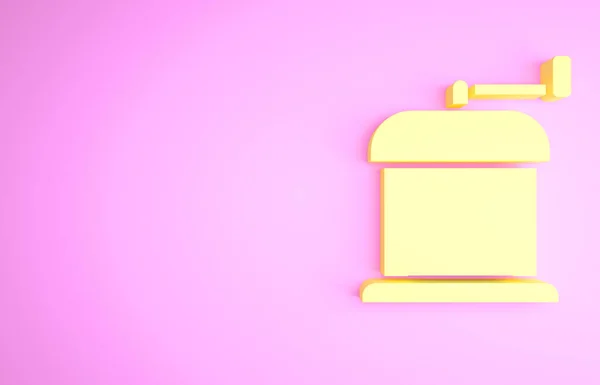Żółty Ręczna ikona szlifierki do kawy izolowana na różowym tle. Koncepcja minimalizmu. Ilustracja 3D 3D renderowania — Zdjęcie stockowe