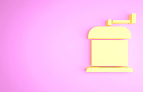 Icona macinacaffè manuale giallo isolato su sfondo rosa. Concetto minimalista. Illustrazione 3d rendering 3D — Foto Stock