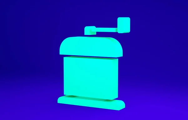 Zelená Ruční mlýnek na kávu ikona izolované na modrém pozadí. Minimalismus. 3D ilustrace 3D vykreslení — Stock fotografie