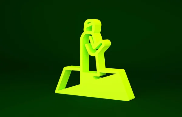 Sárga muszlim ember imádkozik a szőnyeg ikon elszigetelt zöld alapon. Minimalizmus koncepció. 3d illusztráció 3D render — Stock Fotó