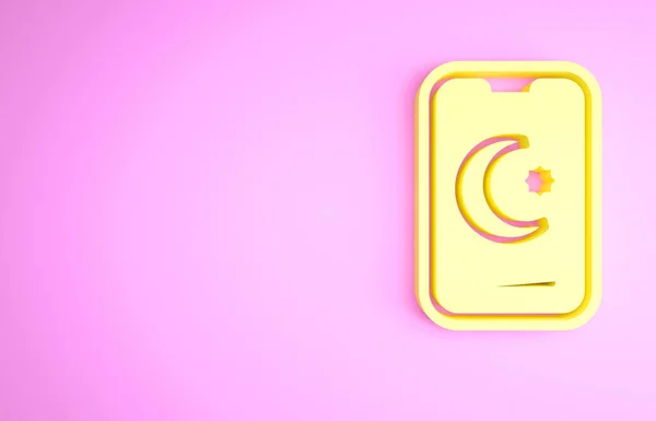 Estrela amarela e crescente - símbolo do ícone do Islã isolado no fundo rosa. Símbolo religioso. Conceito de minimalismo. 3D ilustração 3D render — Fotografia de Stock