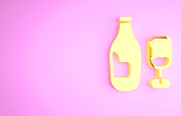 Bouteille de vin jaune avec icône en verre isolé sur fond rose. Concept de minimalisme. Illustration 3D rendu 3D — Photo