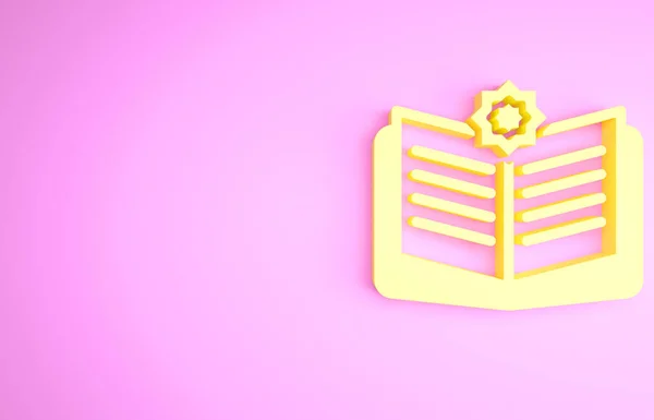 ピンクの背景に隔離されたコーランのアイコンの黄色の聖書。ムスリムの休日,イード・ムバラク,イード・アル・フィトル,ラマダーン・カレーム.最小限の概念。3Dイラスト3Dレンダリング — ストック写真