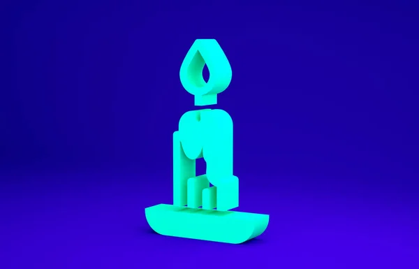 Icono de vela ardiente verde aislado sobre fondo azul. Vara cilíndrica con llama ardiente. Concepto minimalista. 3D ilustración 3D render — Foto de Stock