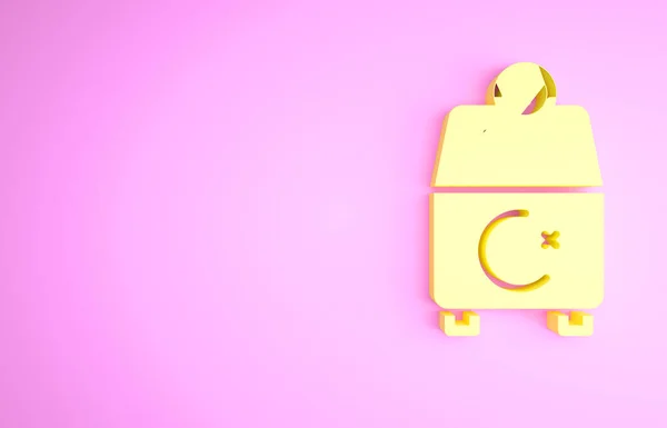 Amarelo Doe ou pague seu zakat como ícone obrigatório muçulmano isolado no fundo rosa. caridade muçulmana ou esmola em Ramadan Kareem antes eid al-fir. Conceito de minimalismo. 3D ilustração 3D render — Fotografia de Stock