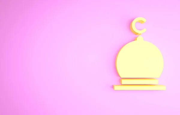 Gelbe muslimische Moschee Ikone isoliert auf rosa Hintergrund. Minimalismus-Konzept. 3D Illustration 3D Renderer — Stockfoto