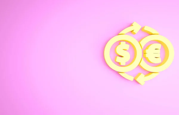 Κίτρινη εικόνα ανταλλαγής χρημάτων που απομονώνεται σε ροζ φόντο. Ευρώ και δολάριο σύμβολο μεταφοράς μετρητών. Τραπεζικό συνάλλαγμα. Μινιμαλιστική έννοια. 3d απεικόνιση 3D καθιστούν — Φωτογραφία Αρχείου