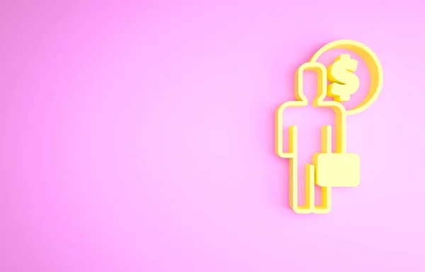 Amarelo Homem de negócios planejamento mente ícone isolado no fundo rosa. Cabeça humana com dólar. Idéia para ganhar dinheiro. Crescimento do investimento empresarial. Conceito de minimalismo. 3D ilustração 3D render — Fotografia de Stock