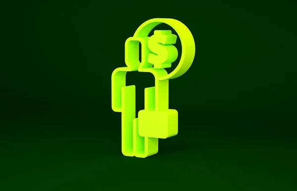 Żółty biznesmen planuje ikonę umysłu na zielonym tle. Ludzka głowa z dolarem. Pomysł na zarabianie pieniędzy. Wzrost inwestycji biznesowych. Koncepcja minimalizmu. Ilustracja 3D 3D renderowania — Zdjęcie stockowe