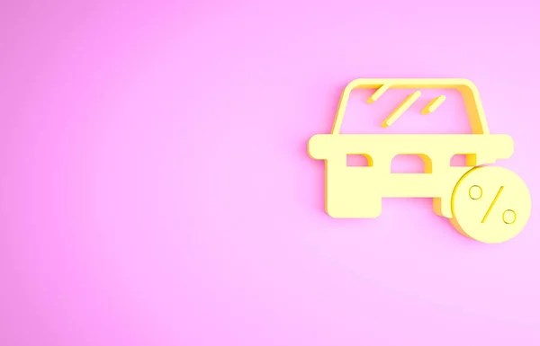 Carro amarelo leasing ícone percentual isolado no fundo rosa. Símbolo de percentagem de crédito. Conceito de minimalismo. 3D ilustração 3D render — Fotografia de Stock