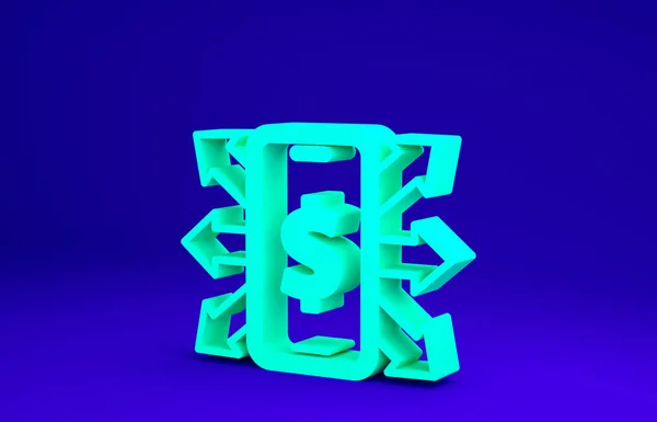 Smartphone verde con símbolo de dólar icono aislado sobre fondo azul. Concepto de compras online. Icono financiero del teléfono móvil. Pago en línea. Concepto minimalista. 3D ilustración 3D render —  Fotos de Stock