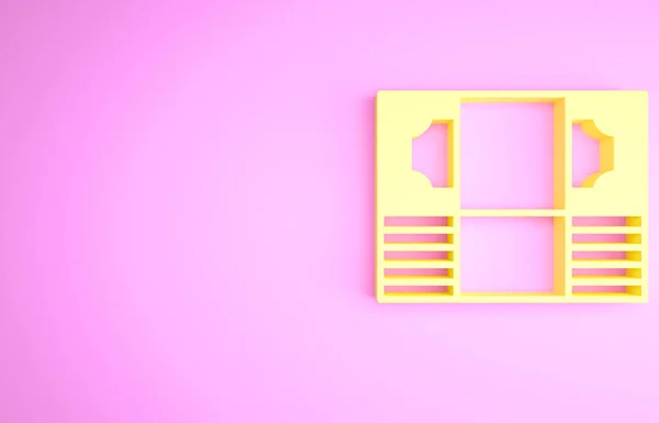 Gelbe Stapel Papiergeld Bargeld Symbol isoliert auf rosa Hintergrund. Geldscheine stapeln sich. Bill Währung. Minimalismus-Konzept. 3D Illustration 3D Renderer — Stockfoto