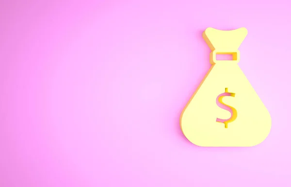 Yellow Money bag icon isolated on pink background. Dollar or USD symbol. Cash Banking currency sign. Minimalism concept. 3d illustration 3D render — Stock Photo, Image