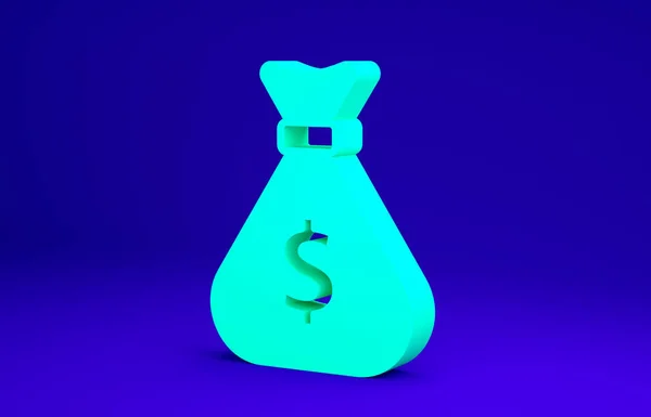 Πράσινο εικονίδιο τσάντα χρήματα απομονώνονται σε μπλε φόντο. Δολάριο ή σύμβολο USD. Ταμειακή Τράπεζα σύμβολο νόμισμα. Μινιμαλιστική έννοια. 3d απεικόνιση 3D καθιστούν — Φωτογραφία Αρχείου