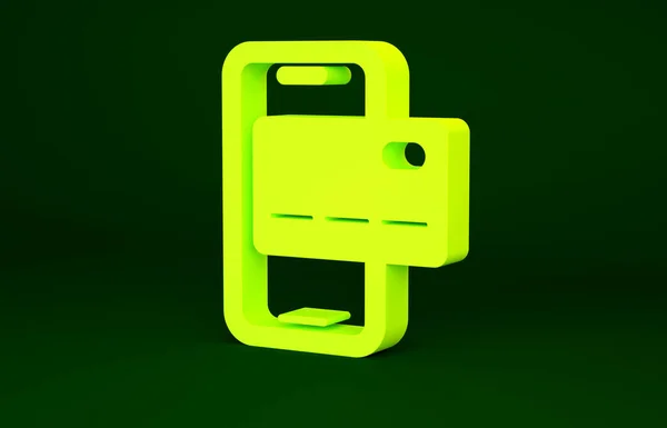 Gelbes Mobile Banking Symbol isoliert auf grünem Hintergrund. Überweisen Sie Geld durch mobiles Banking auf dem Handy-Bildschirm. Minimalismus-Konzept. 3D Illustration 3D Renderer — Stockfoto