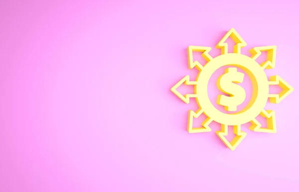 Dollar jaune, partager, icône de réseau isolé sur fond rose. Concept de minimalisme. Illustration 3D rendu 3D — Photo