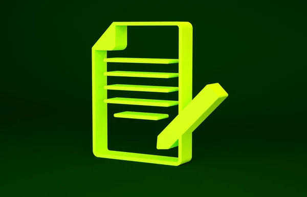 Documento amarillo y lápiz icono aislado sobre fondo verde. Icono archivo. Icono de lista de verificación. Concepto de negocio. Concepto minimalista. 3D ilustración 3D render —  Fotos de Stock