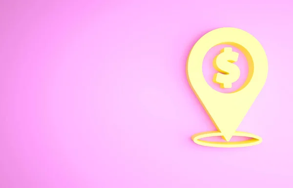 Gelbe Cash-Pin-Symbol isoliert auf rosa Hintergrund. Zeiger und Dollarsymbol. Geldstandort. Geschäfts- und Investitionskonzept. Minimalismus-Konzept. 3D Illustration 3D Renderer — Stockfoto