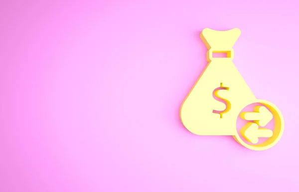 Icono de bolsa de dinero amarillo aislado sobre fondo rosa. Dólar o símbolo USD. Signo de moneda bancaria en efectivo. Concepto minimalista. 3D ilustración 3D render — Foto de Stock