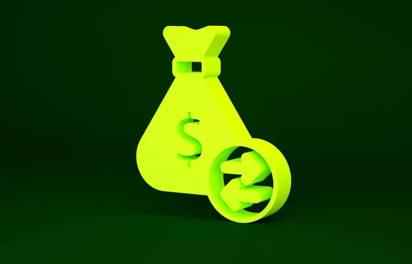 Icône sac argent jaune isolé sur fond vert. Dollar ou symbole USD. Cash Banking signe de devise. Concept de minimalisme. Illustration 3D rendu 3D — Photo