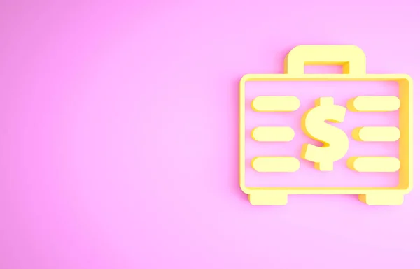 Žlutý kufřík a ikona peněz izolované na růžovém pozadí. Obchodní značka. Obchodní portfolio. Minimalismus. 3D ilustrace 3D vykreslení — Stock fotografie