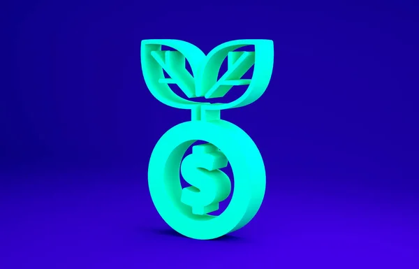 Icône de plante Dollar vert isolé sur fond bleu. Concept de croissance des investissements des entreprises. Épargne et investissement. Concept de minimalisme. Illustration 3D rendu 3D — Photo