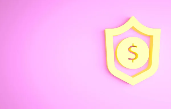 Escudo Amarelo com ícone de símbolo de dólar isolado no fundo rosa. Proteção de escudo de segurança. Conceito de segurança monetária. Conceito de minimalismo. 3D ilustração 3D render — Fotografia de Stock