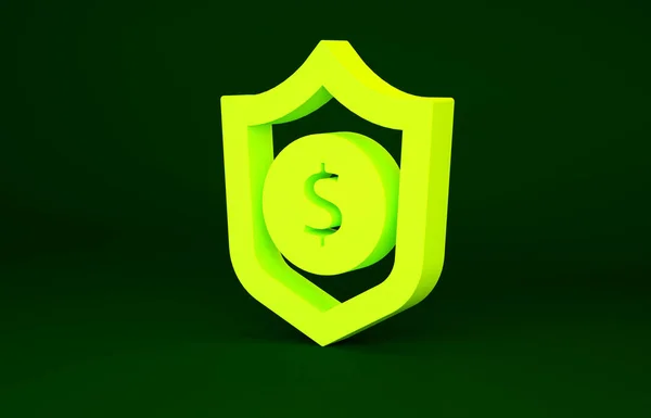 緑の背景に隔離されたドル記号のアイコンを持つイエローシールド。シールドの保護。お金の安全保障の概念。最小限の概念。3Dイラスト3Dレンダリング — ストック写真