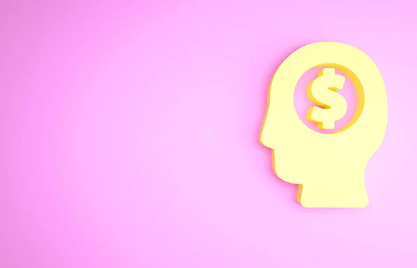 Yellow Business man planning geest pictogram geïsoleerd op roze achtergrond. Menselijk hoofd met dollar. Idee om geld te verdienen. Groei van bedrijfsinvesteringen Minimalisme concept. 3d illustratie 3D renderen — Stockfoto