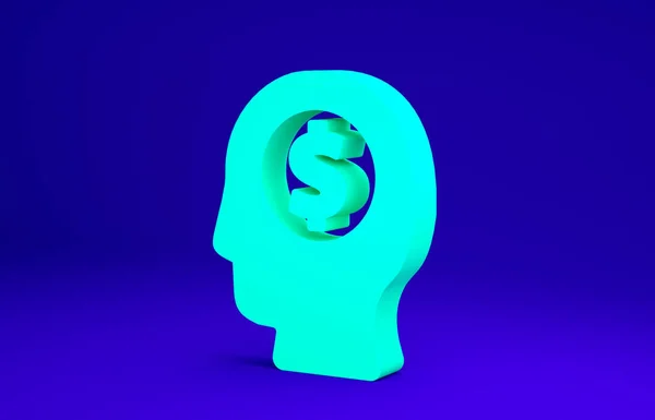 Green Business man planning mind icon isolated on blue background. Human head with dollar. Idea to earn money. Business investment growth. Minimalism concept. 3d illustration 3D render