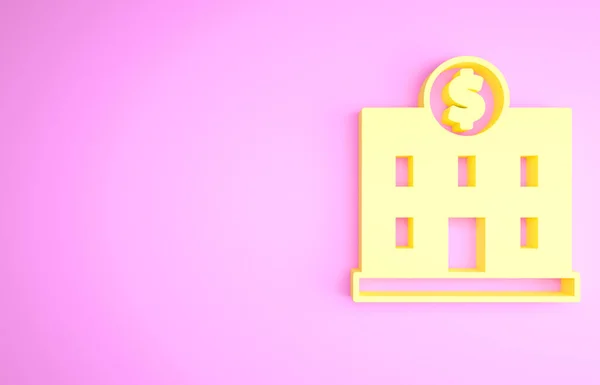 Yellow Bank building icon isolated on pink background. Minimalism concept. 3d illustration 3D render — Stock Photo, Image