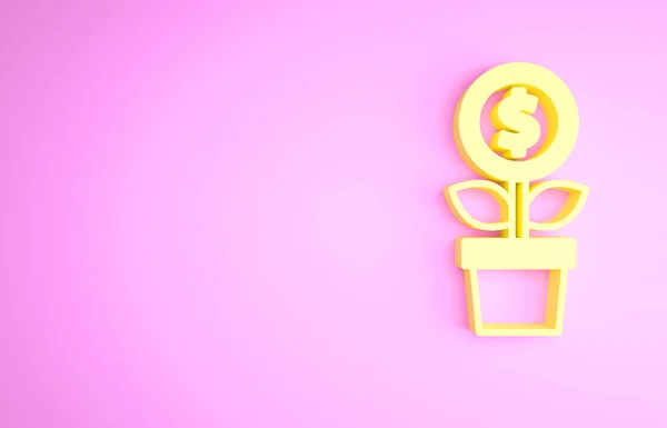 Żółty Dolar roślina ikona izolowana na różowym tle. Koncepcja wzrostu inwestycji biznesowych. Oszczędności i inwestycje. Koncepcja minimalizmu. Ilustracja 3D 3D renderowania — Zdjęcie stockowe