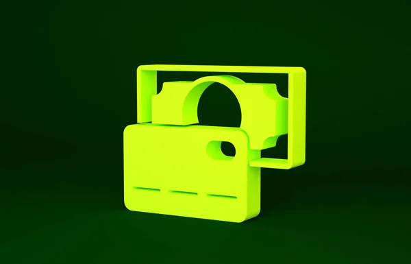 Ikona żółtej karty kredytowej odizolowana na zielonym tle. Płatność online. Wypłata gotówki. Operacje finansowe. Znak zakupów. Koncepcja minimalizmu. Ilustracja 3D 3D renderowania — Zdjęcie stockowe