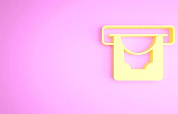 Cajero automático amarillo - Cajero automático e icono de dinero aislado sobre fondo rosa. Concepto minimalista. 3D ilustración 3D render — Foto de Stock