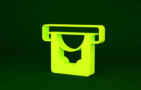 Cajero automático amarillo - Cajero automático e icono de dinero aislado sobre fondo verde. Concepto minimalista. 3D ilustración 3D render — Foto de Stock