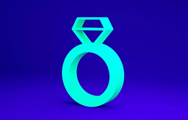 Green Diamond verlovingsring icoon geïsoleerd op blauwe achtergrond. Minimalisme concept. 3d illustratie 3D renderen — Stockfoto