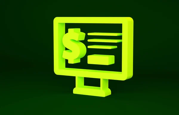 Moniteur jaune avec icône dollar isolé sur fond vert. Envoi d'argent dans le monde entier, transfert d'argent, services bancaires en ligne, transactions financières. Concept de minimalisme. Illustration 3D rendu 3D — Photo