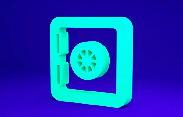 Ícone Green Safe isolado no fundo azul. O cofre da porta um cofre de banco com uma fechadura de combinação. Proteção de dados confiável. Conceito de minimalismo. 3D ilustração 3D render — Fotografia de Stock
