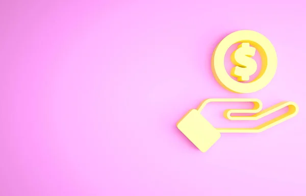 Mano humana amarilla dando icono de dinero aislado sobre fondo rosa. Recibiendo el icono del dinero. Concepto minimalista. 3D ilustración 3D render —  Fotos de Stock