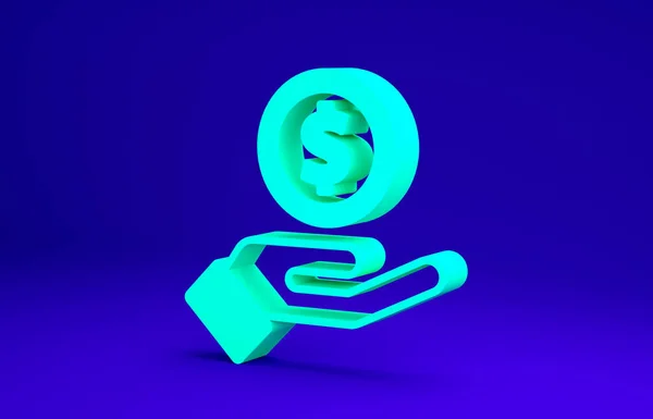 Green Human hand geven geld pictogram geïsoleerd op blauwe achtergrond. Ik ontvang een geldsymbool. Minimalisme concept. 3d illustratie 3D renderen — Stockfoto