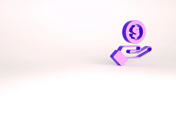 Фіолетова людська рука дає грошовий значок ізольовано на білому тлі. Отримання значка грошей. Концепція мінімалізму. 3D ілюстрація 3D рендеринга — стокове фото