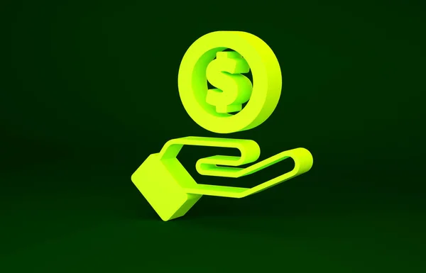 Jaune main humaine donnant icône de l'argent isolé sur fond vert. Icône de réception d'argent. Concept de minimalisme. Illustration 3D rendu 3D — Photo